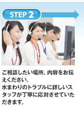 STEP2 ご相談したい場所、内容をお伝えください。水周りのトラブルに詳しいスタッフが丁寧に対応させていただきます。