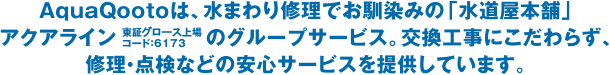 AquaQootoは、水まわり修理でお馴染みの「水道屋本舗」アクアライン（東証グロース上場 コード：6173）のグループサービス。交換工事にこだわらず、修理・点検などの安心サービスを提供しています。